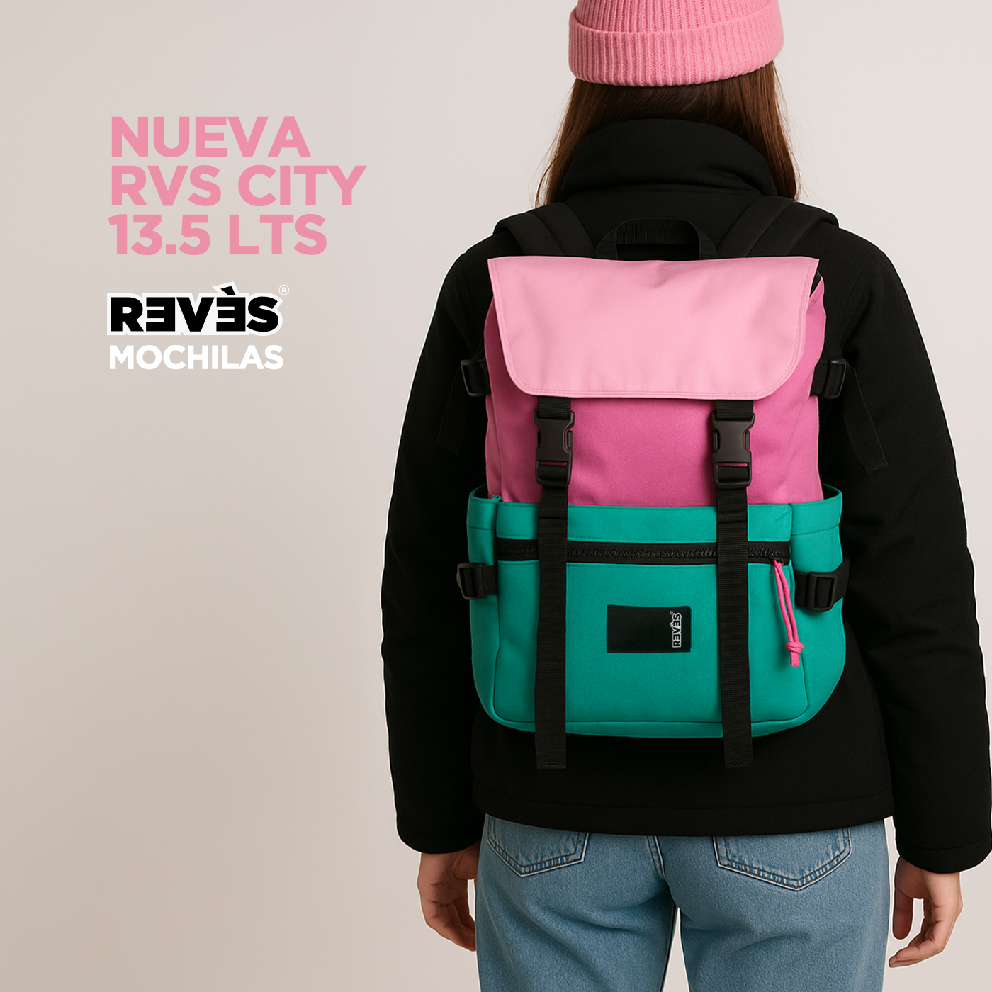 Mochila RVS City Turquesa/ Fucsia / Rosa 13.5 lts.